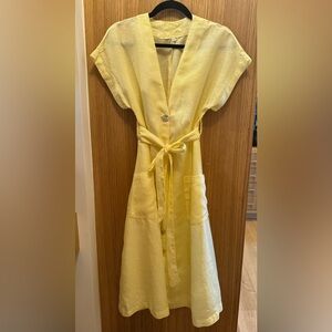 Yellow high quality 100% linen midi dress